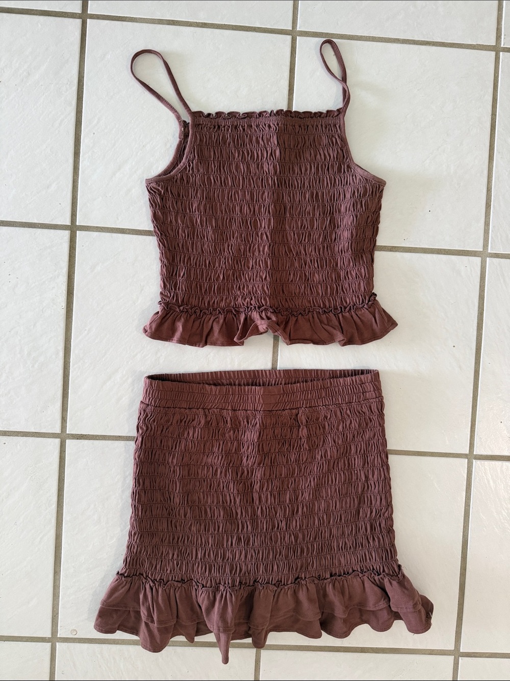 Smocked Ruffle Crop Top & Skirt Set - Chocolate Brown